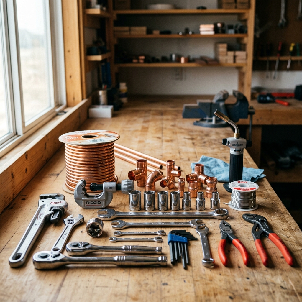 Professional plumbing tools and copper piping neatly arranged, emphasizing expertise and reliability