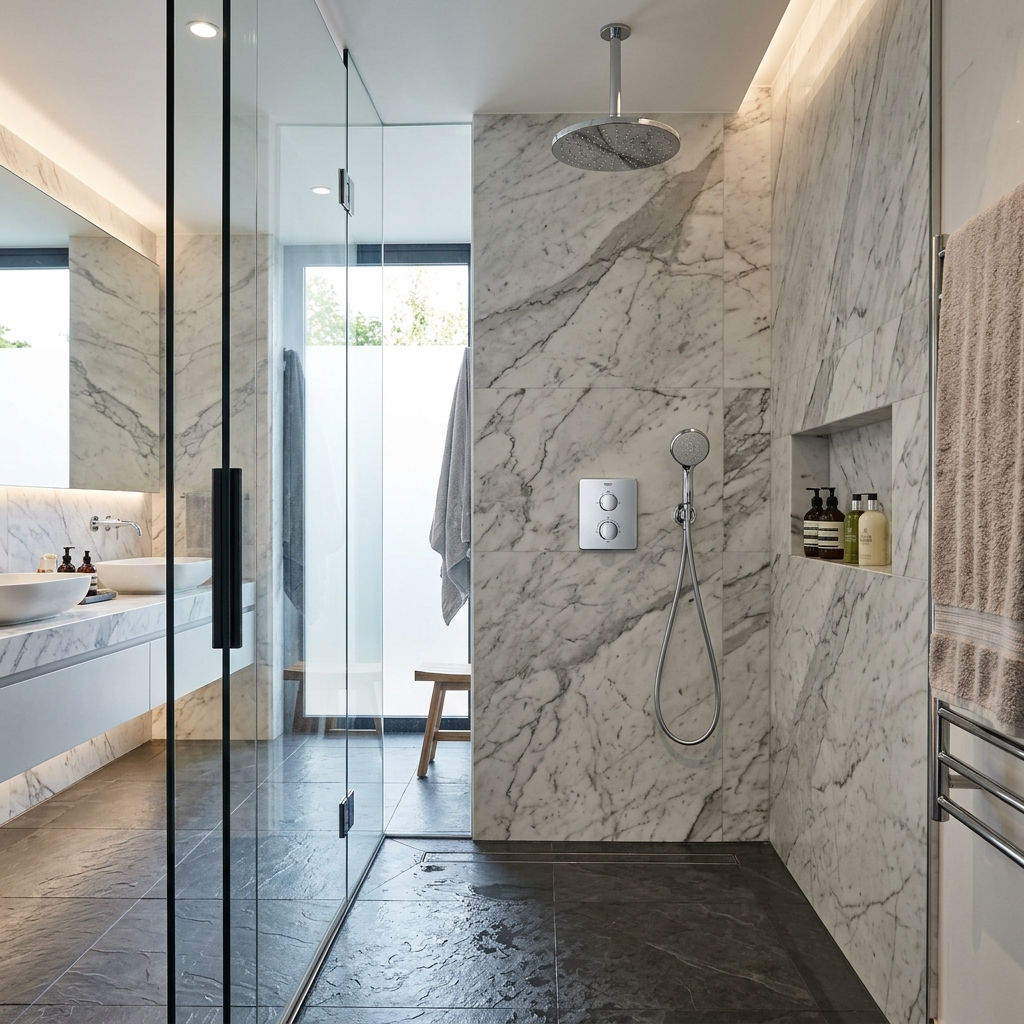 A stunning, modern luxury walk-in shower with high-end thermostatic shower mixer