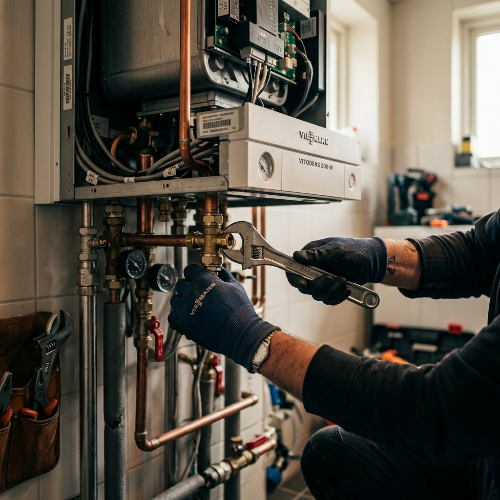 Gas Safe heating engineer repairing a boiler in Hertfordshire