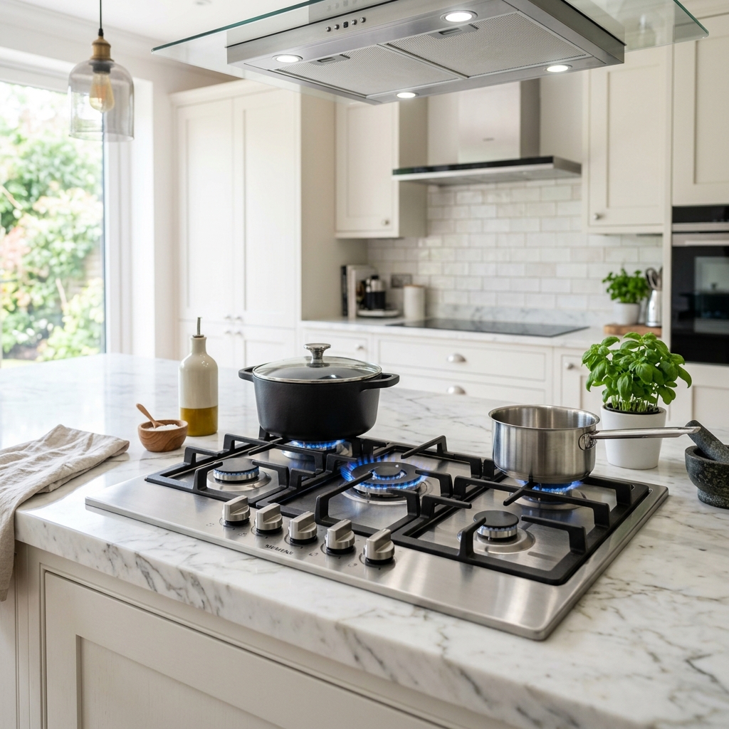 A premium stainless steel gas hob installed in a luxury marble countertop kitchen